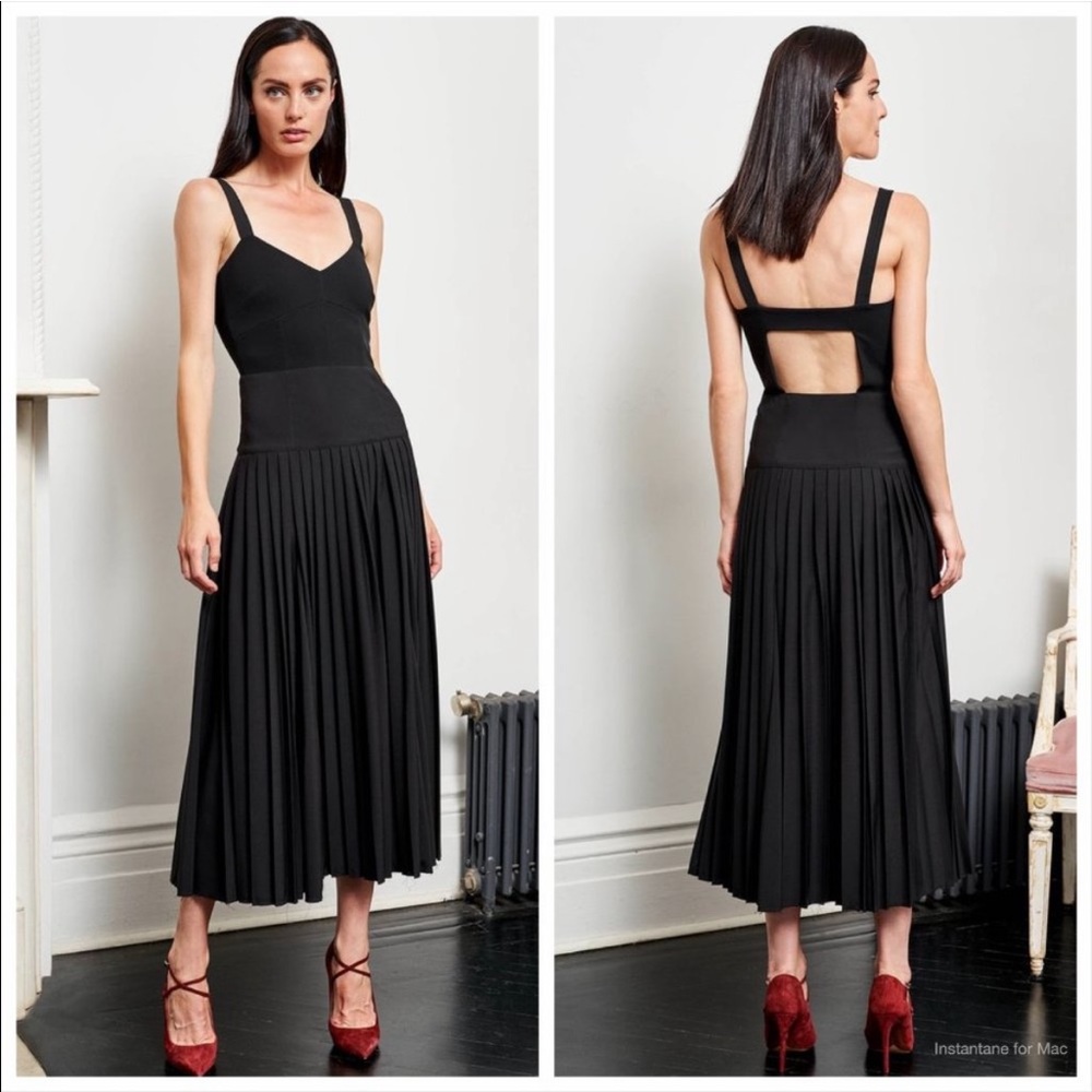 La Ligne Zelda Pleated Open Back Accordion Wool Blend Dress Black Size 12